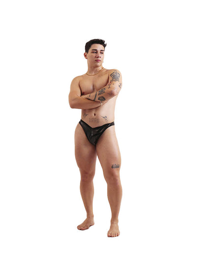 CUECA THONG BLACK GLOW LEATHER
